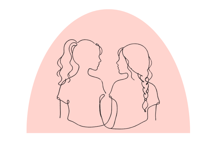 Two girls line art inside a soft pink arch
